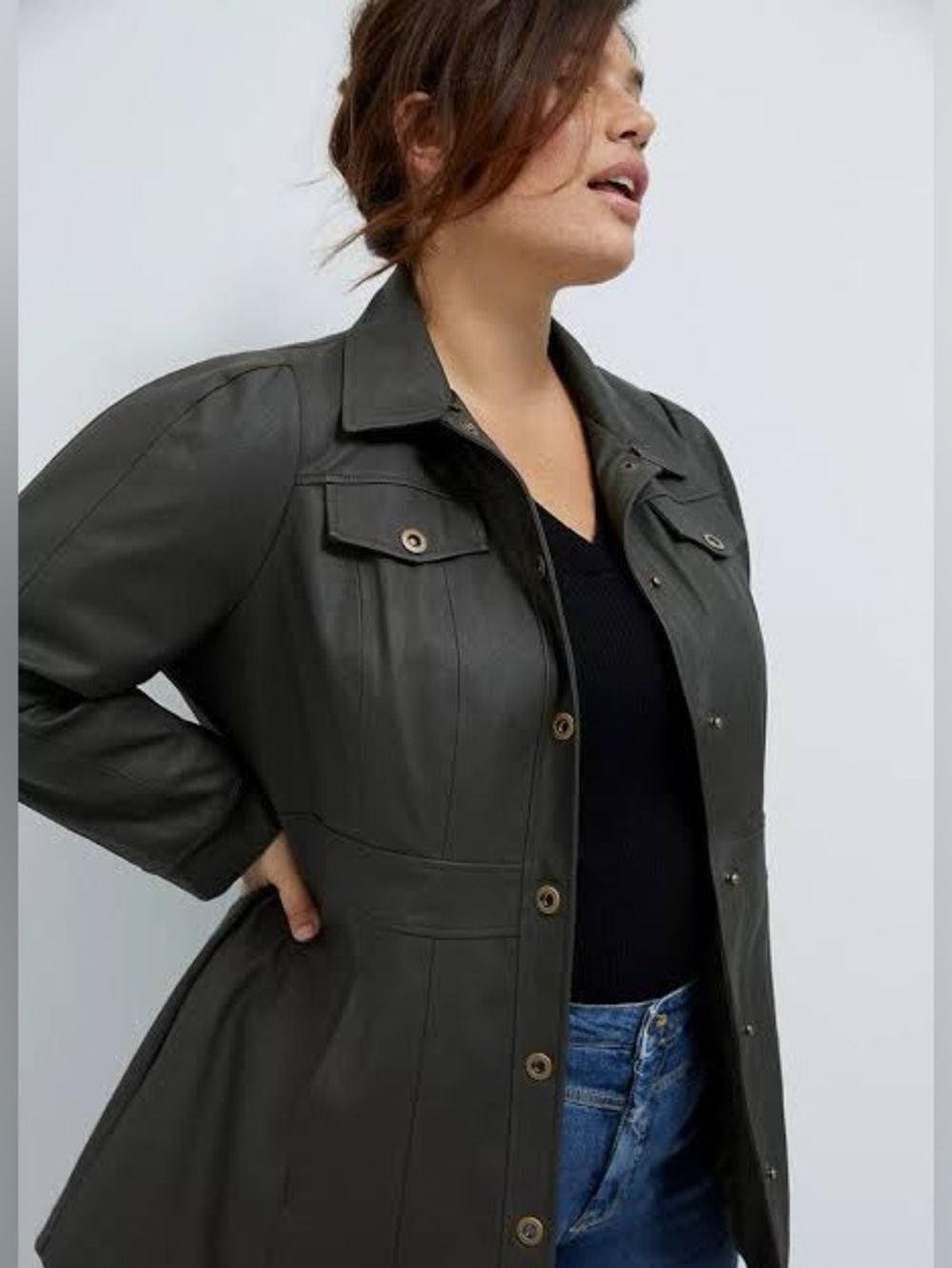 Maeve by Anthropologie Kellie Faux Leather Coat Green Gray Size 10